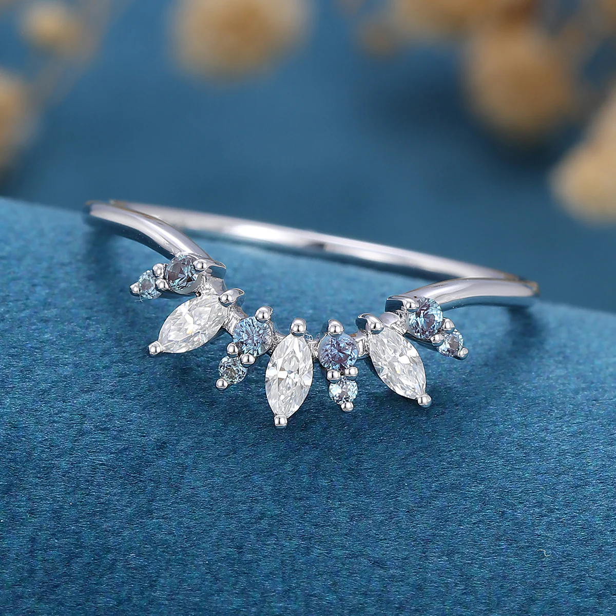Moissanite | Alexandrite Curved Wedding Band Ring - Image 3
