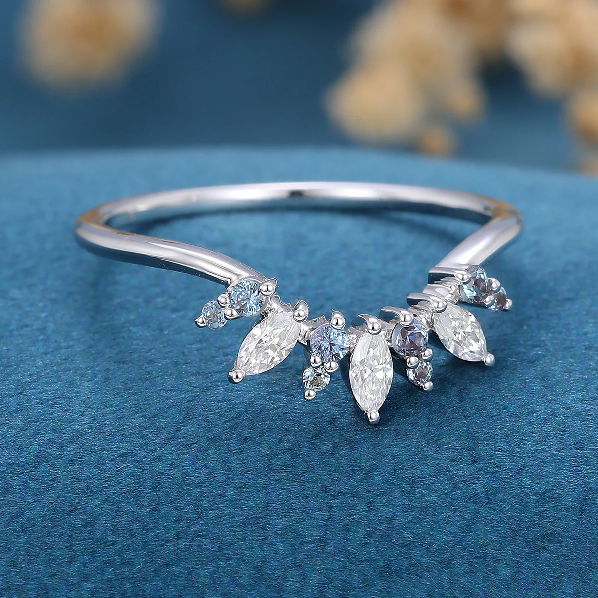 Moissanite | Alexandrite Curved Wedding Band Ring - Image 4