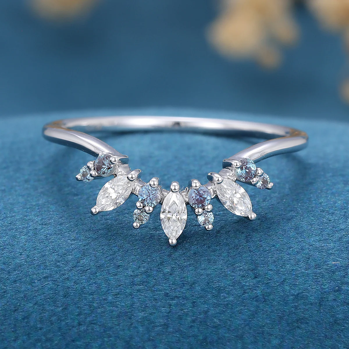Moissanite | Alexandrite Curved Wedding Band Ring - Image 6