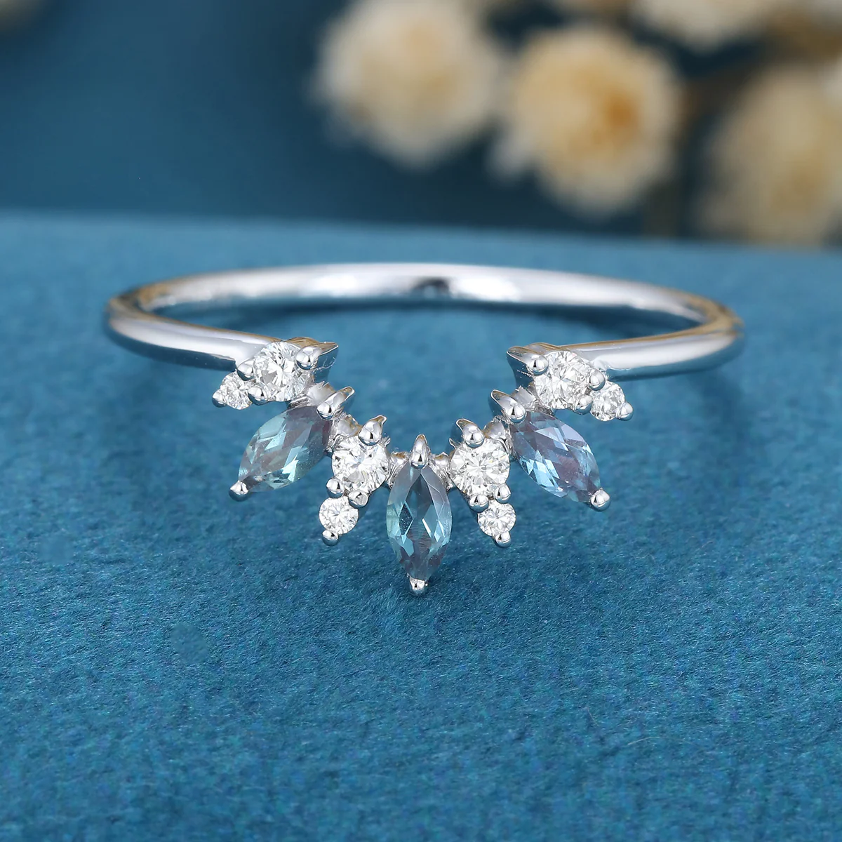 Marquise cut Alexandrite Curved Wedding Band Ring - Image 3