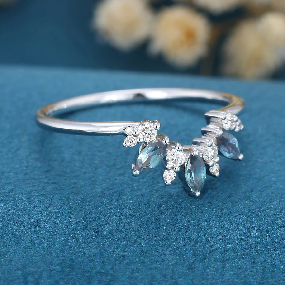 Marquise cut Alexandrite Curved Wedding Band Ring - Image 4