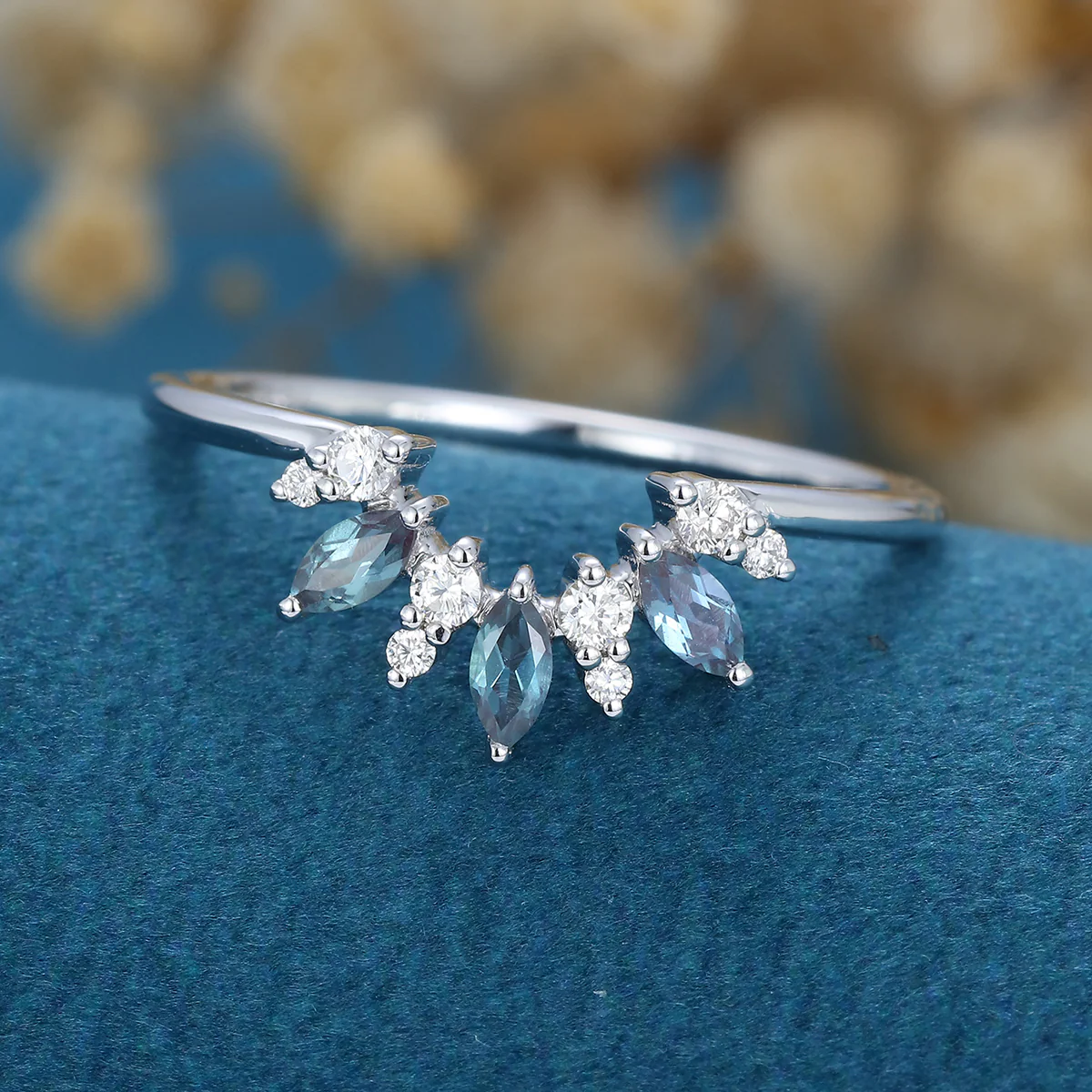 Marquise cut Alexandrite Curved Wedding Band Ring - Image 5