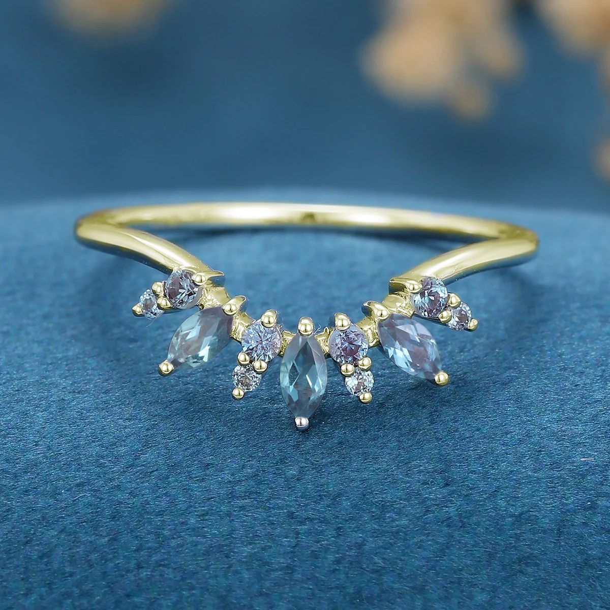 Marquise cut Alexandrite Curved Wedding Band Ring - Image 7