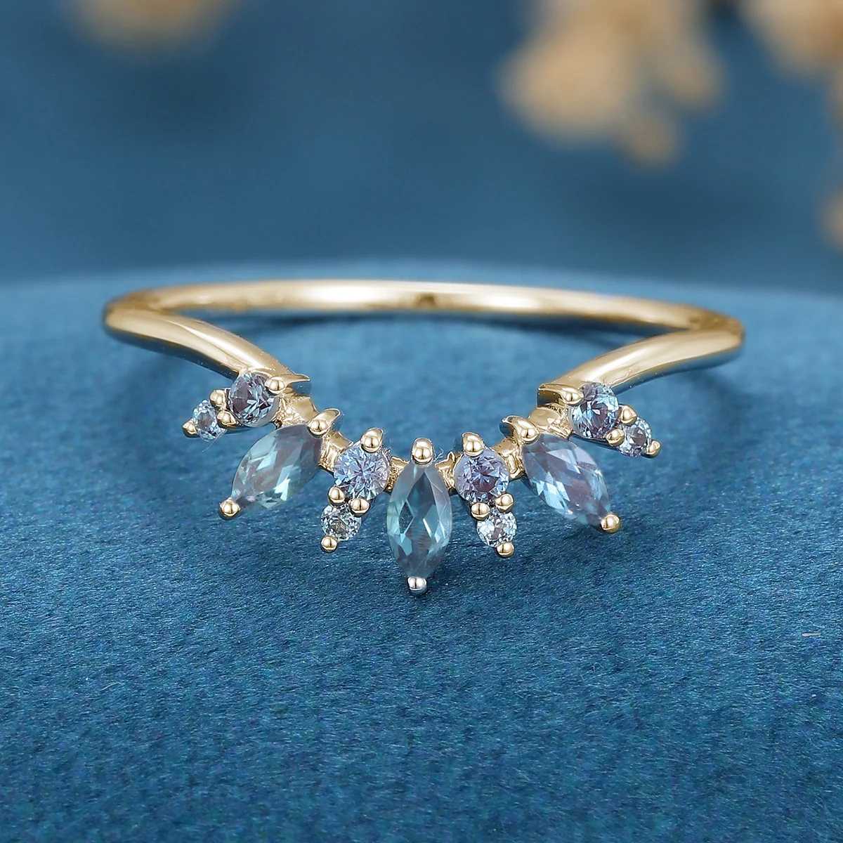 Marquise cut Alexandrite Curved Wedding Band Ring - Image 8