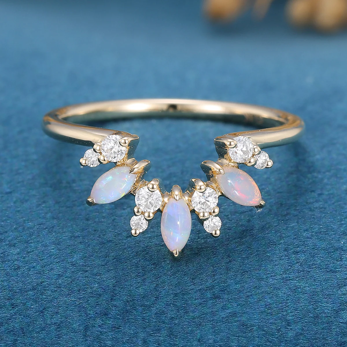 Marquise cut Opal |  Diamond Curved Wedding Band Ring - Image 3