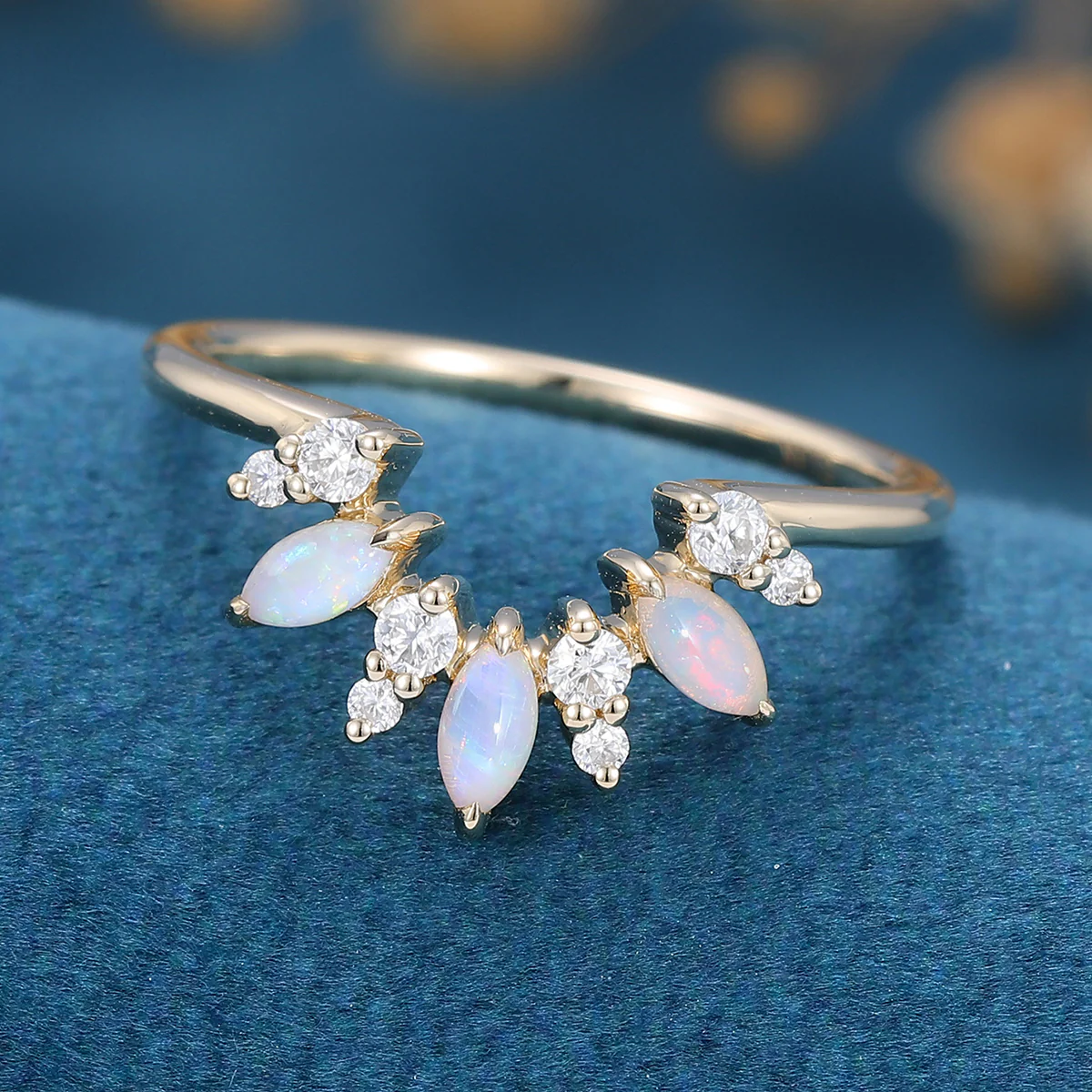 Marquise cut Opal |  Diamond Curved Wedding Band Ring - Image 4