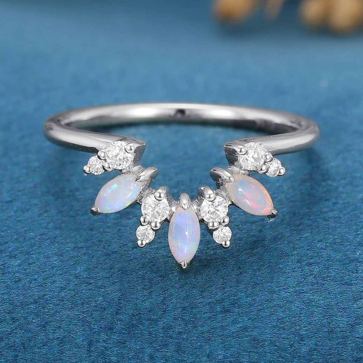Marquise cut Opal |  Diamond Curved Wedding Band Ring - Image 9