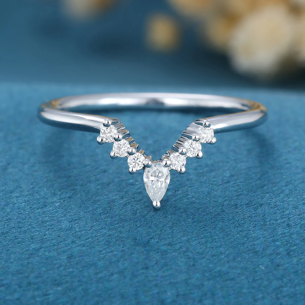 Pear shaped Moissanite | Diamond Curved Wedding Band Ring - Image 3