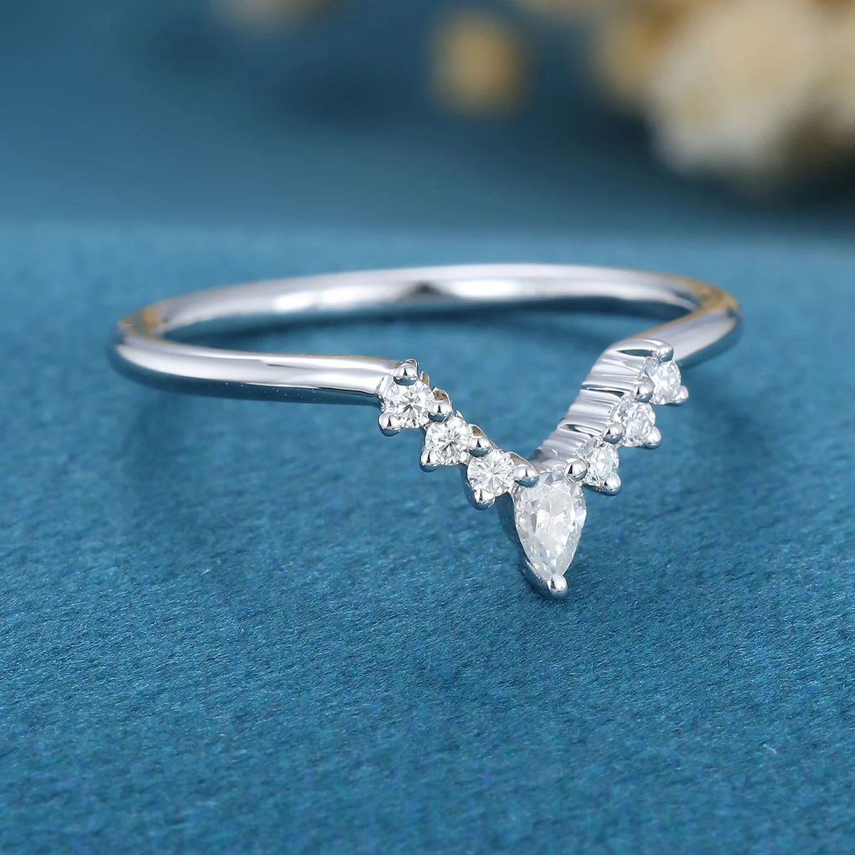Pear shaped Moissanite | Diamond Curved Wedding Band Ring - Image 4