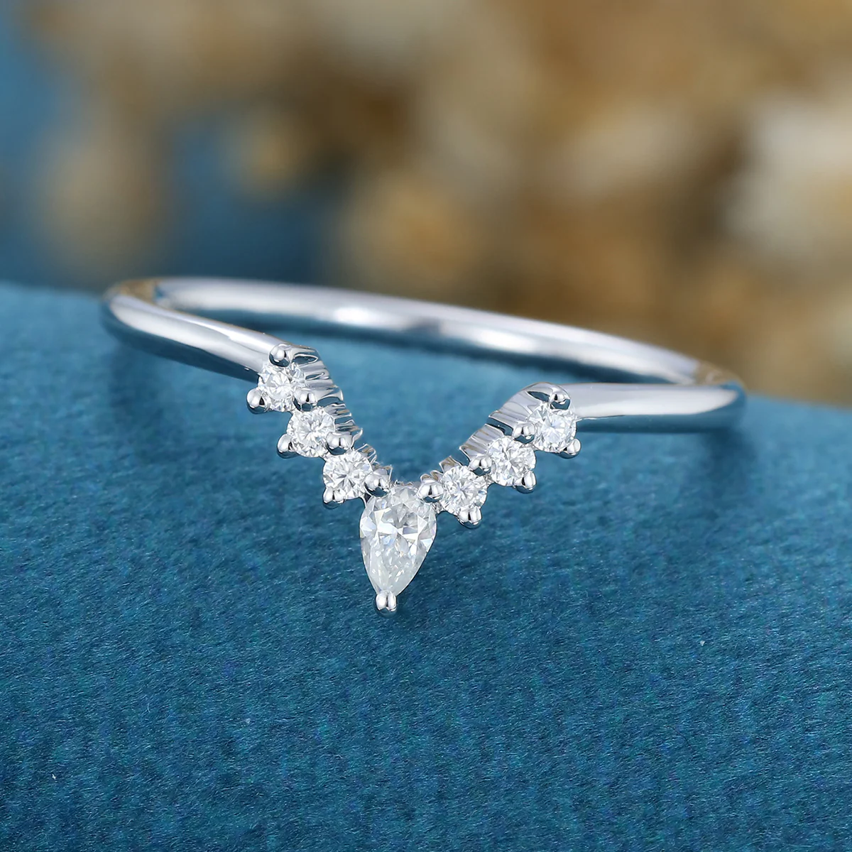 Pear shaped Moissanite | Diamond Curved Wedding Band Ring - Image 5