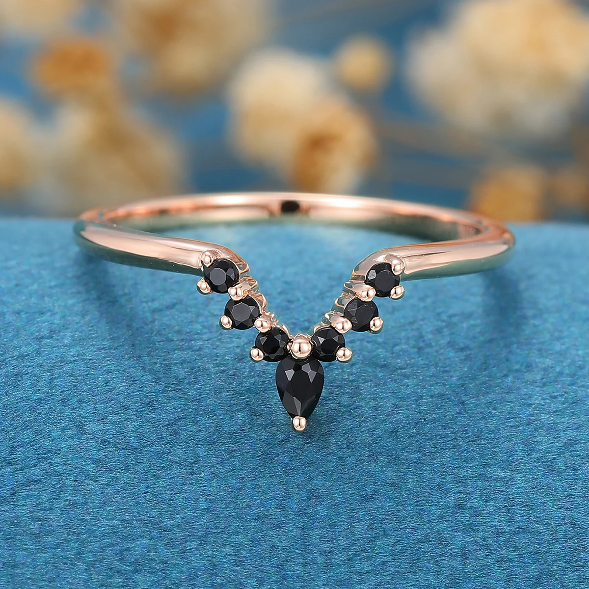Pear cut Black onyx Curved Wedding Band Ring - Image 8