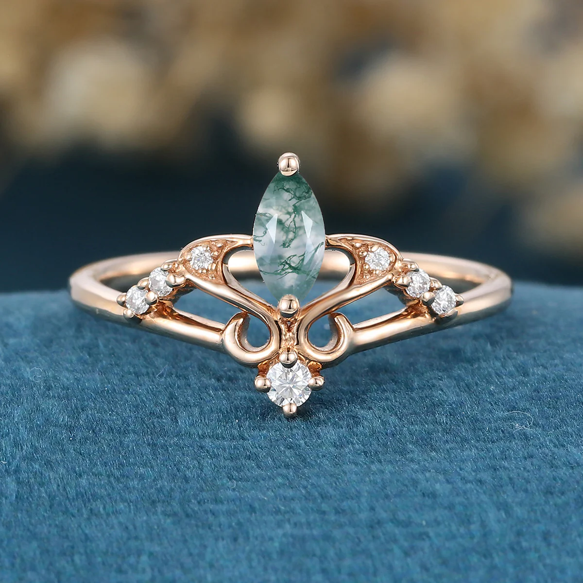 Marquise cut Moss Agate Matching London blue Topaz Gold Engagement Ring - Image 3