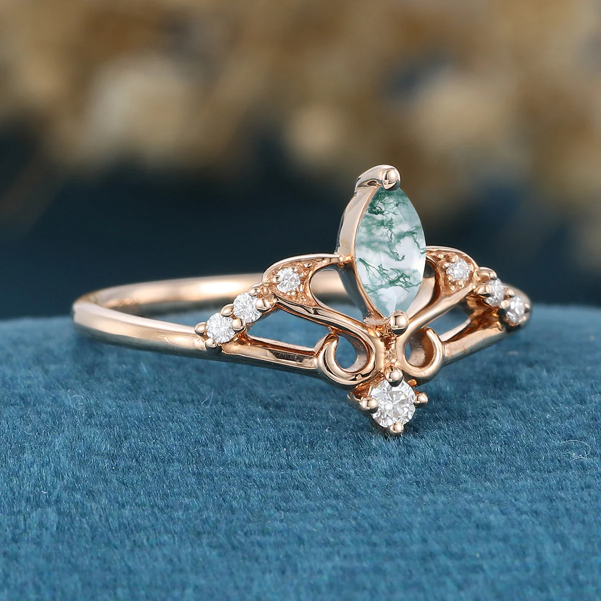Marquise cut Moss Agate Matching London blue Topaz Gold Engagement Ring - Image 4