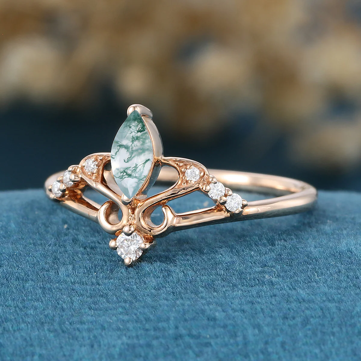Marquise cut Moss Agate Matching London blue Topaz Gold Engagement Ring - Image 5