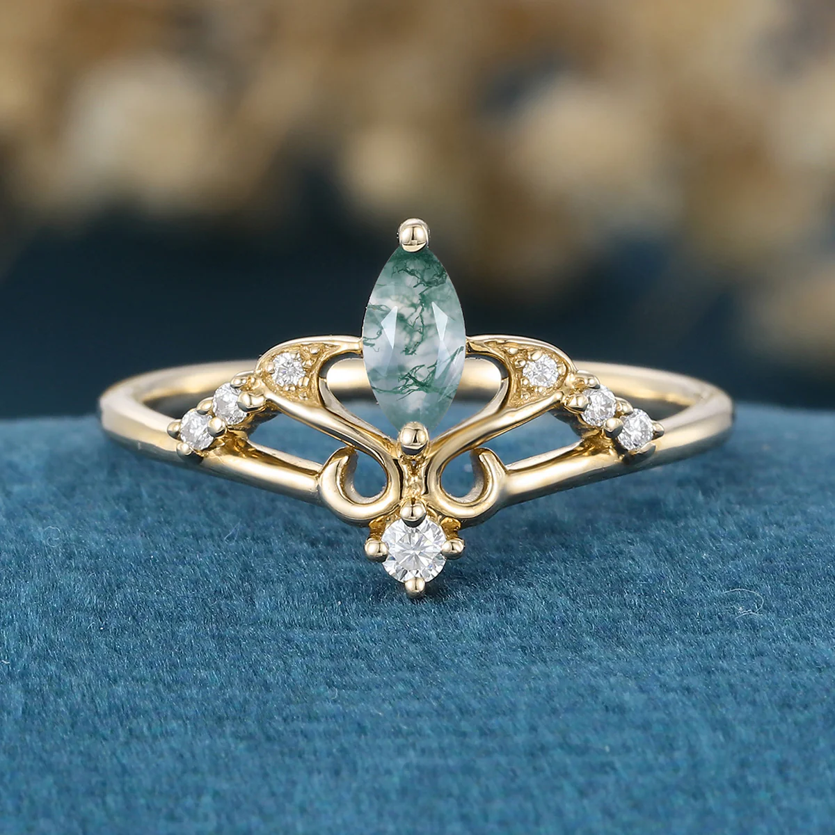 Marquise cut Moss Agate Matching London blue Topaz Gold Engagement Ring - Image 7
