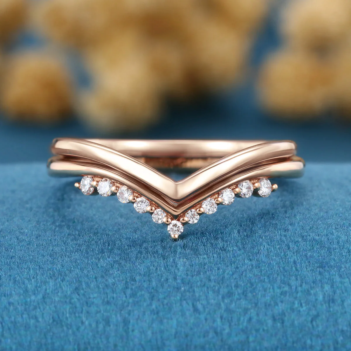 Double Diamond Curve Wedding Band Matching Engagement ring - Image 3