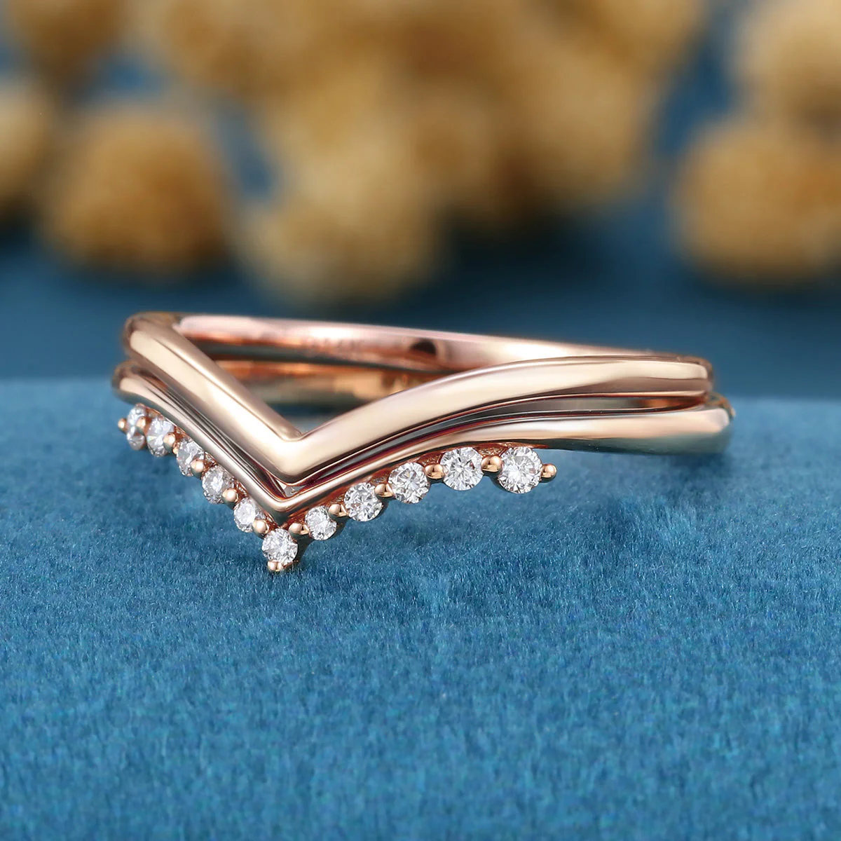 Double Diamond Curve Wedding Band Matching Engagement ring - Image 6
