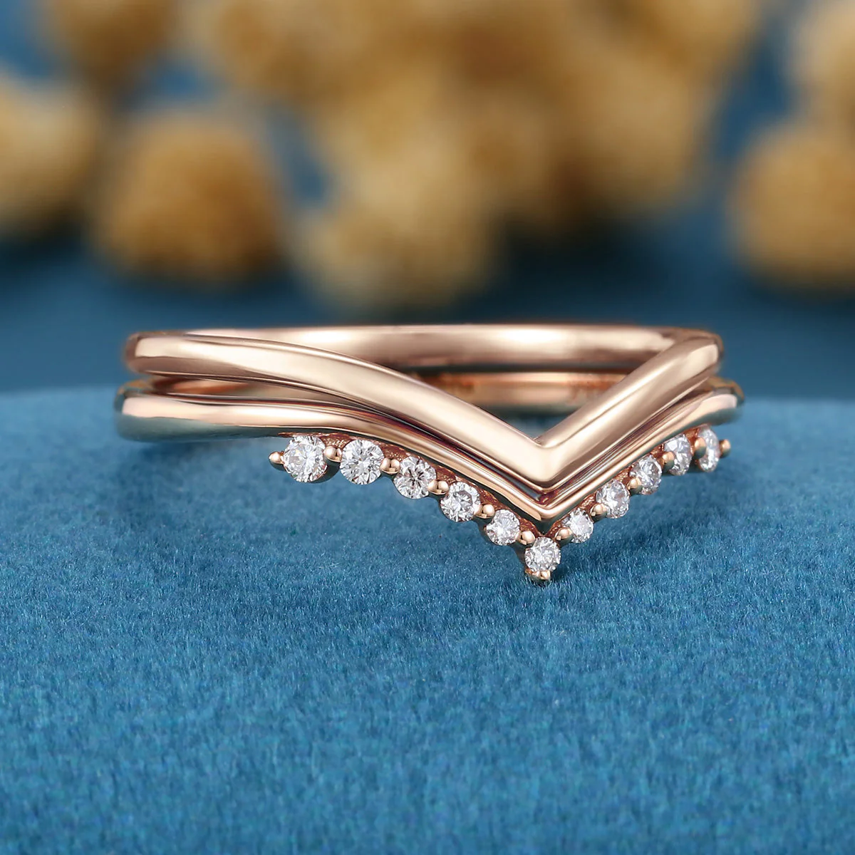 Double Diamond Curve Wedding Band Matching Engagement ring - Image 7