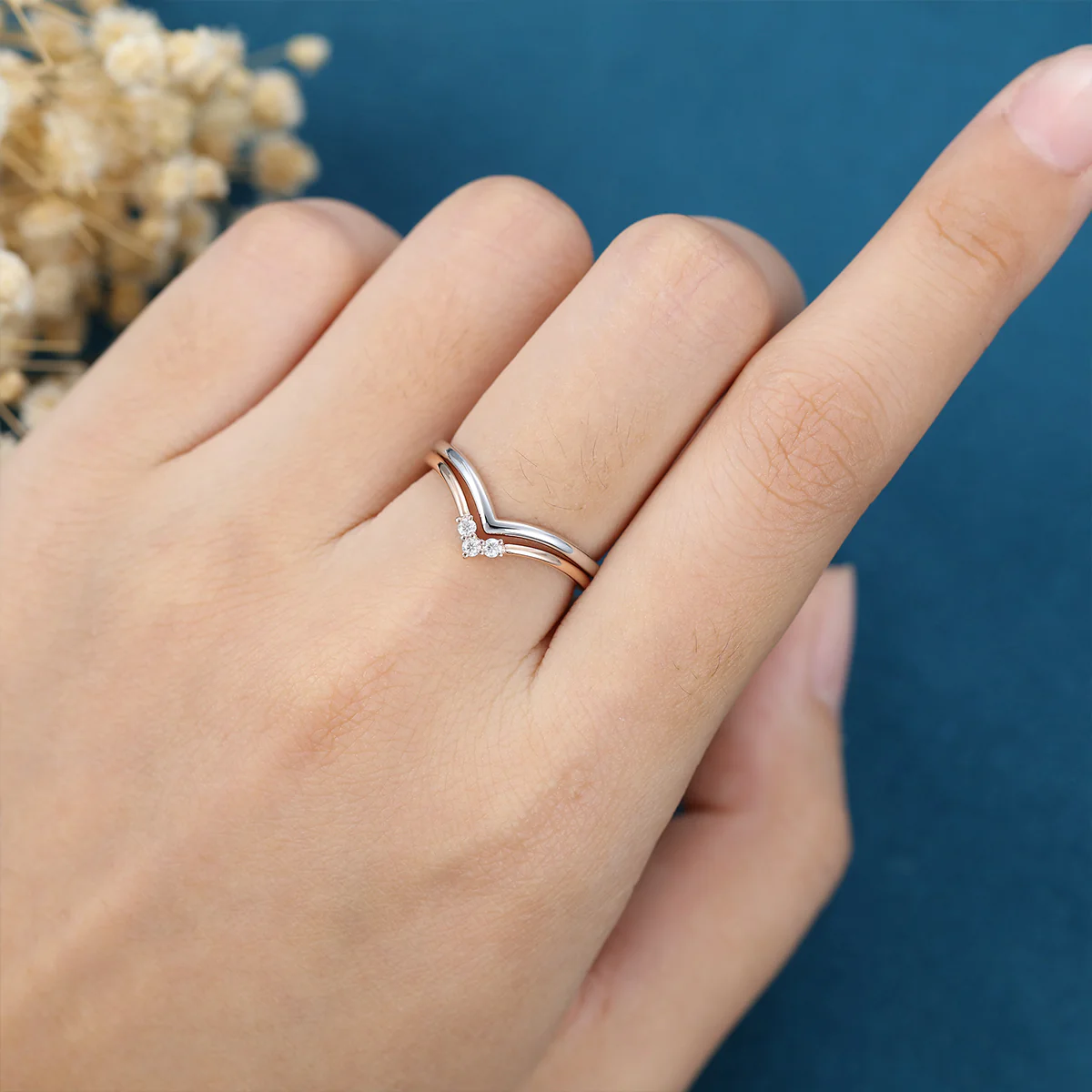 Double Diamond Curve Wedding Band Matching Engagement ring - Image 13