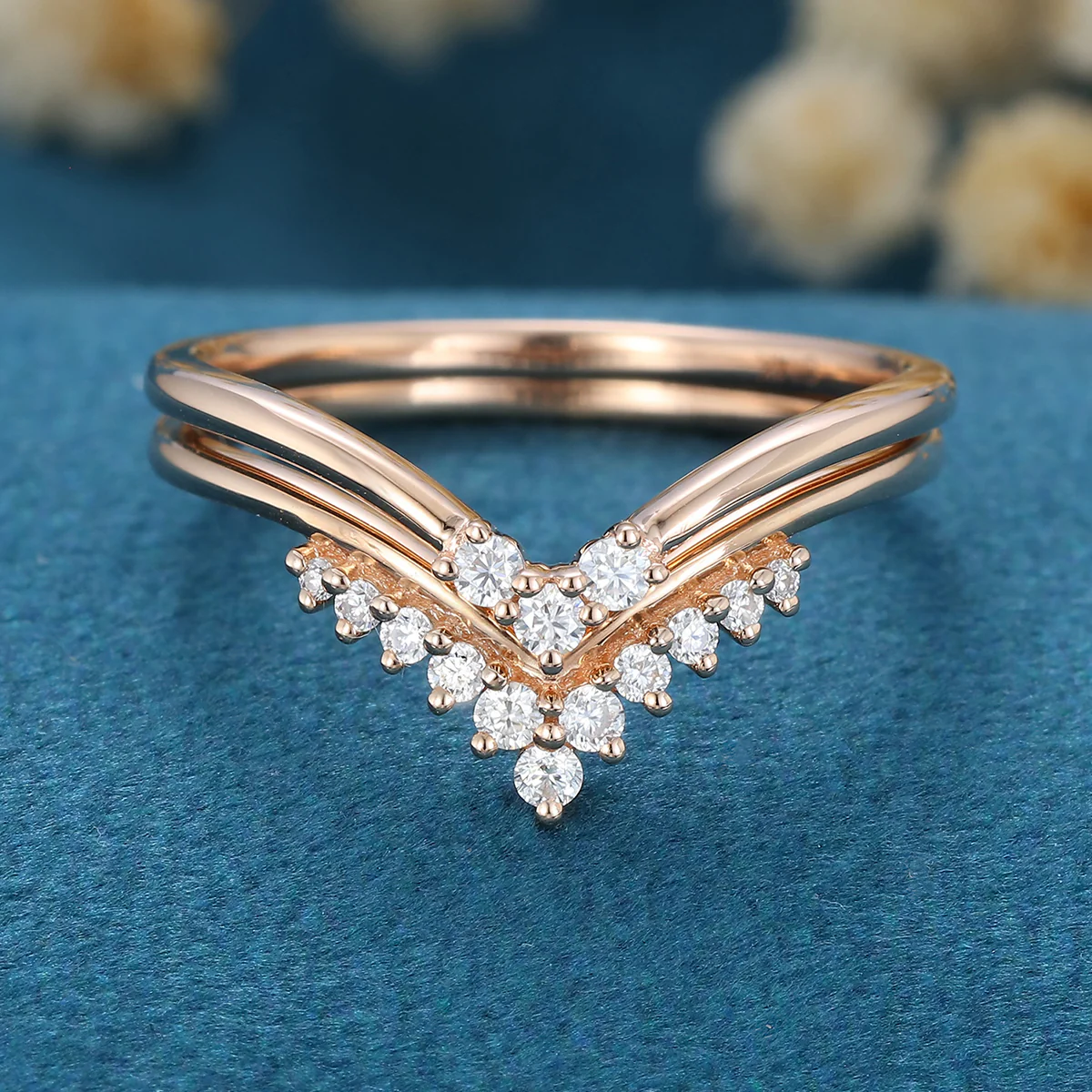 Double Diamond Curve Wedding Band Matching Engagement ring - Image 4