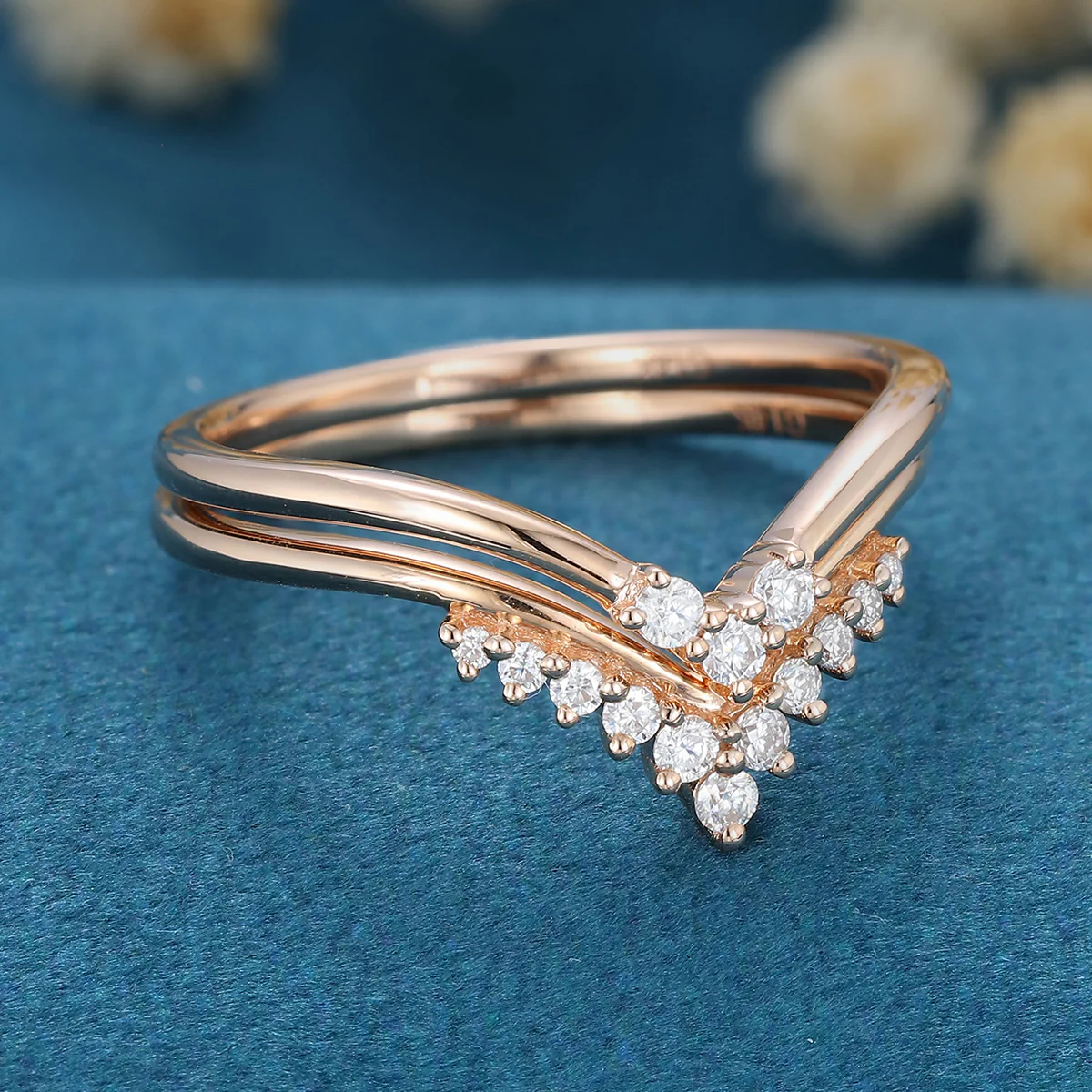 Double Diamond Curve Wedding Band Matching Engagement ring - Image 5
