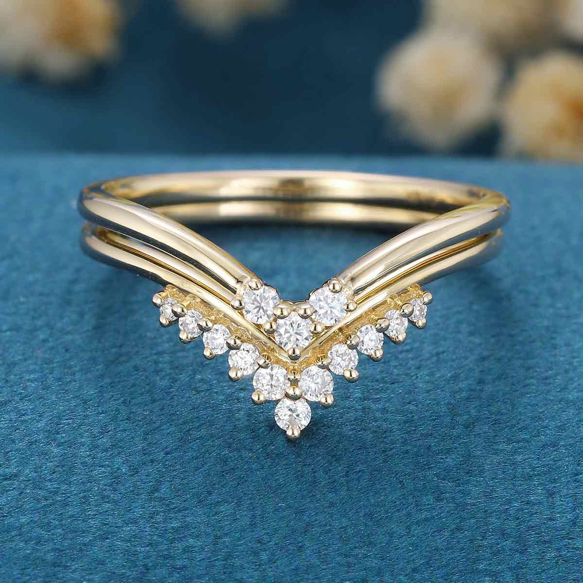 Double Diamond Curve Wedding Band Matching Engagement ring - Image 6