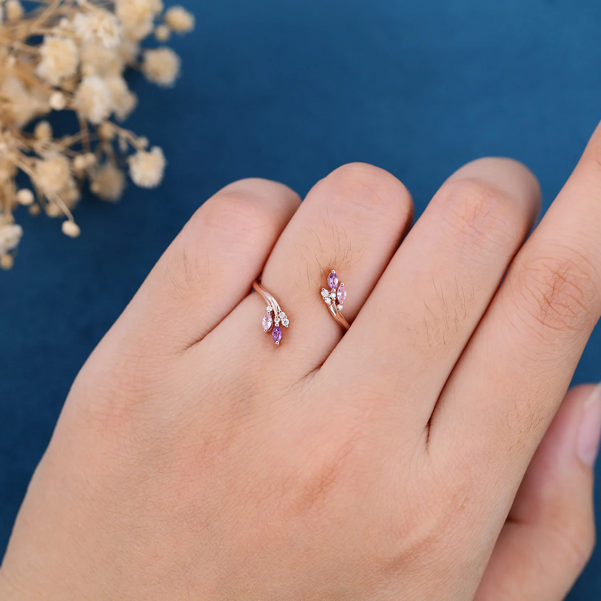Double Marquise cut Amethyst | Pink Sapphire  Curved Wedding Band - Image 2
