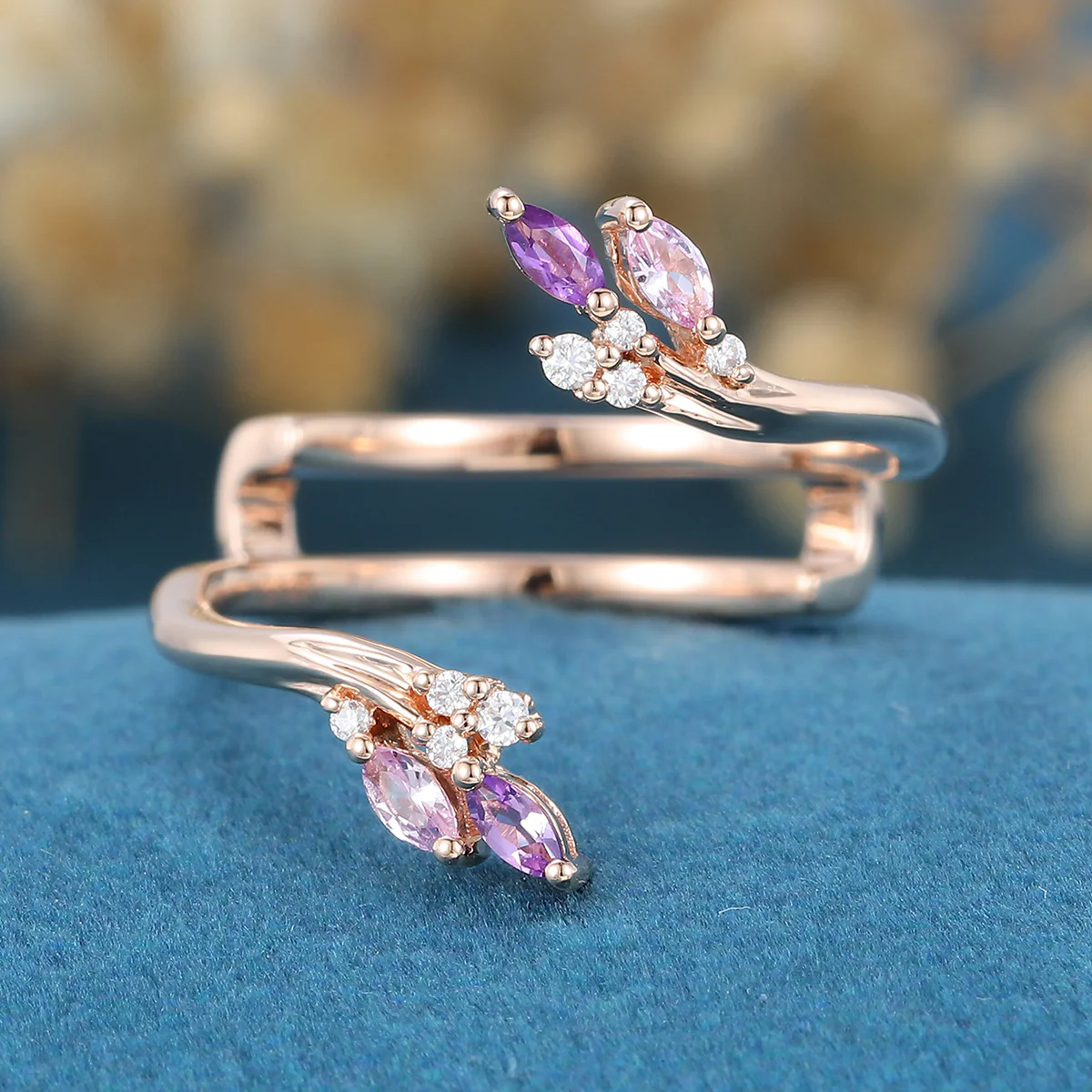 Double Marquise cut Amethyst | Pink Sapphire  Curved Wedding Band - Image 3