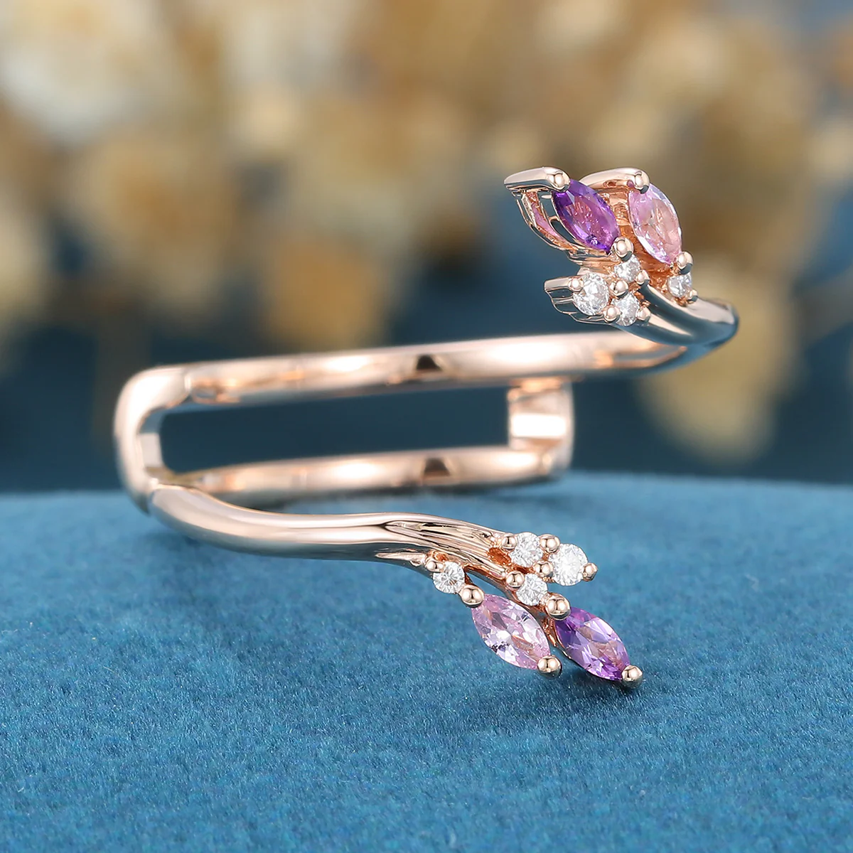 Double Marquise cut Amethyst | Pink Sapphire  Curved Wedding Band - Image 4