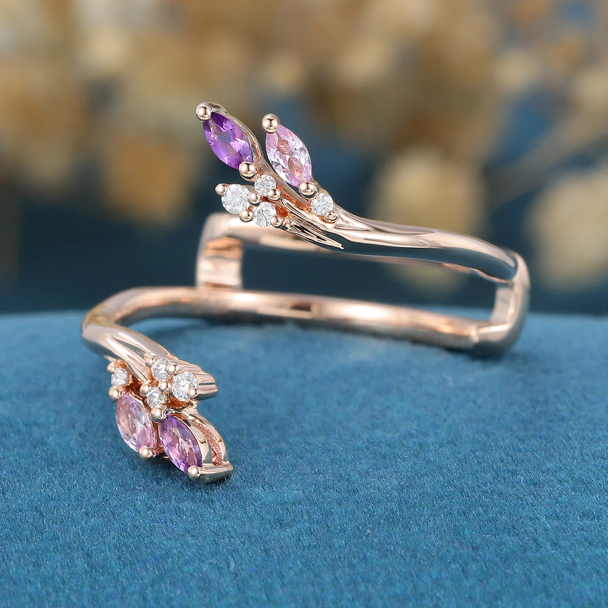 Double Marquise cut Amethyst | Pink Sapphire  Curved Wedding Band - Image 5