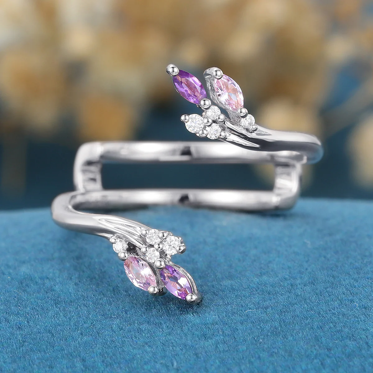Double Marquise cut Amethyst | Pink Sapphire  Curved Wedding Band - Image 7