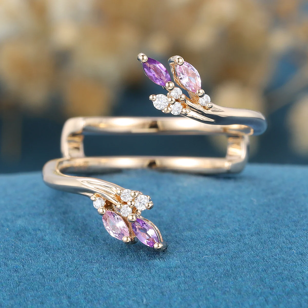 Double Marquise cut Amethyst | Pink Sapphire  Curved Wedding Band - Image 8