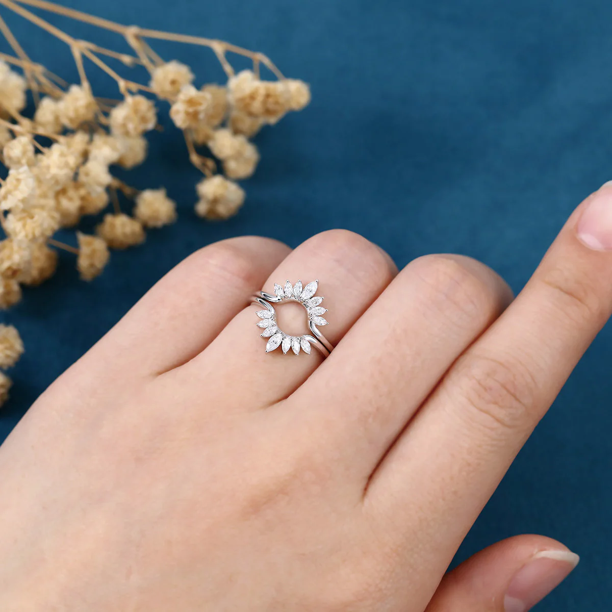 Double Marquise cut Moissanite Curved Wedding Band Ring - Image 2