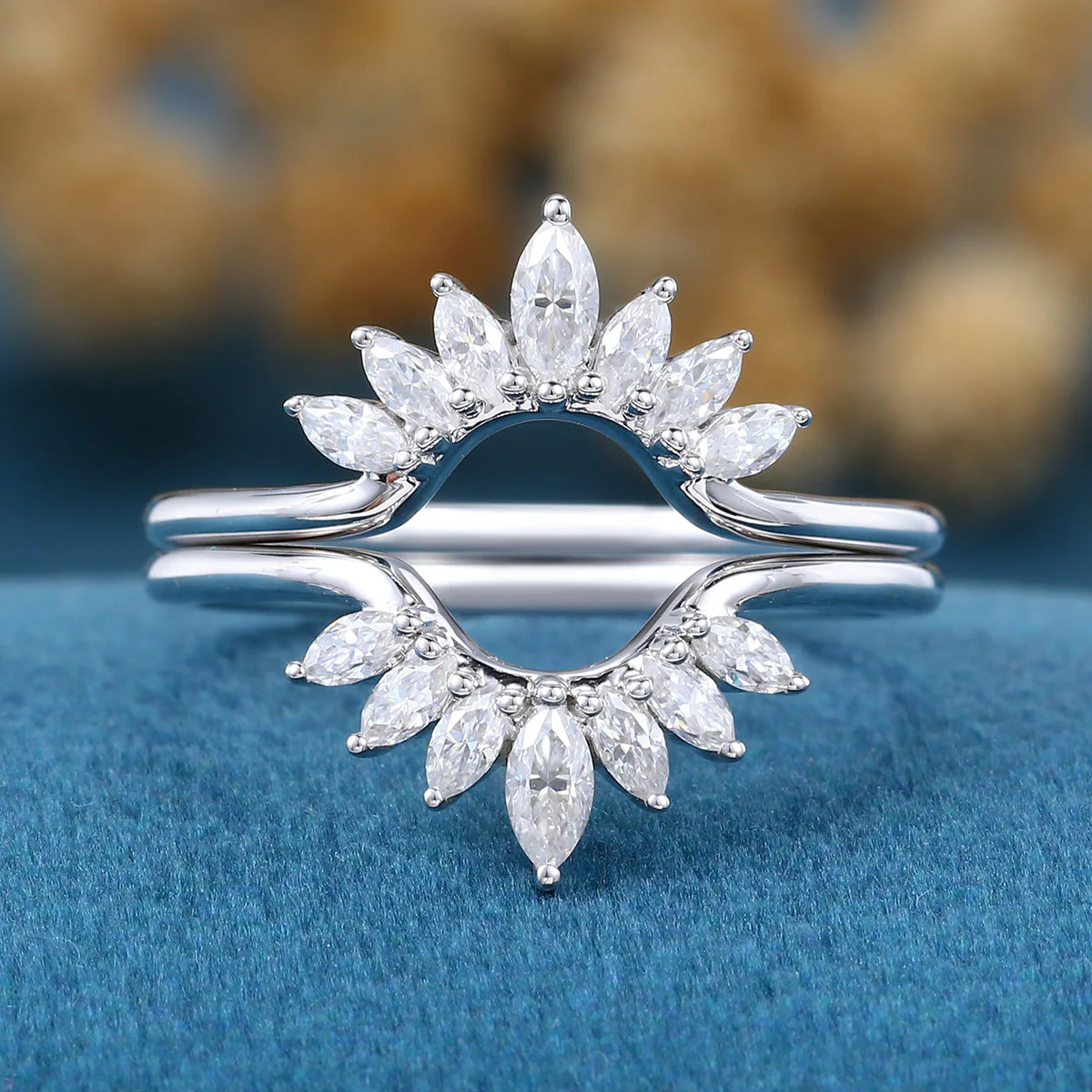 Double Marquise cut Moissanite Curved Wedding Band Ring - Image 4