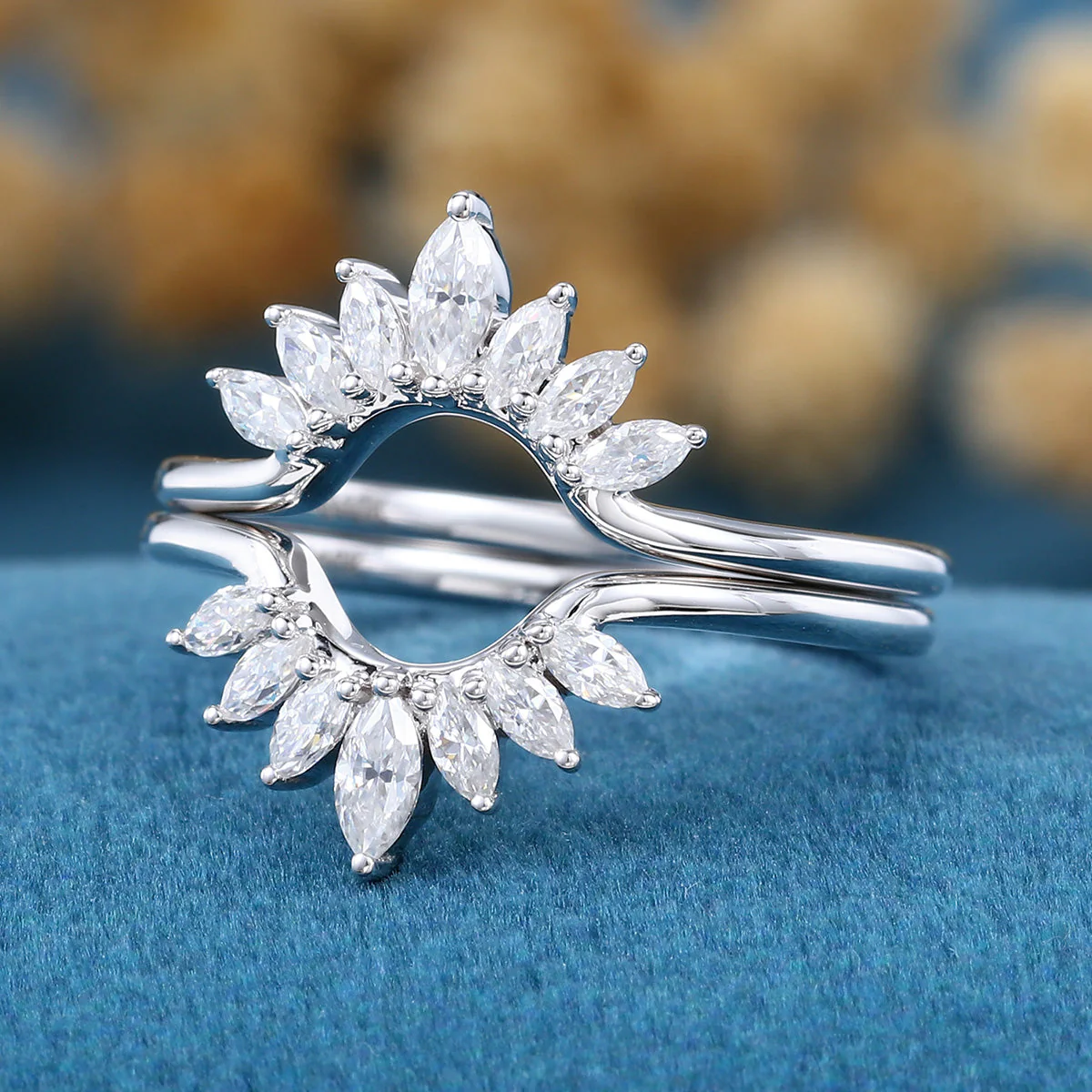 Double Marquise cut Moissanite Curved Wedding Band Ring - Image 6