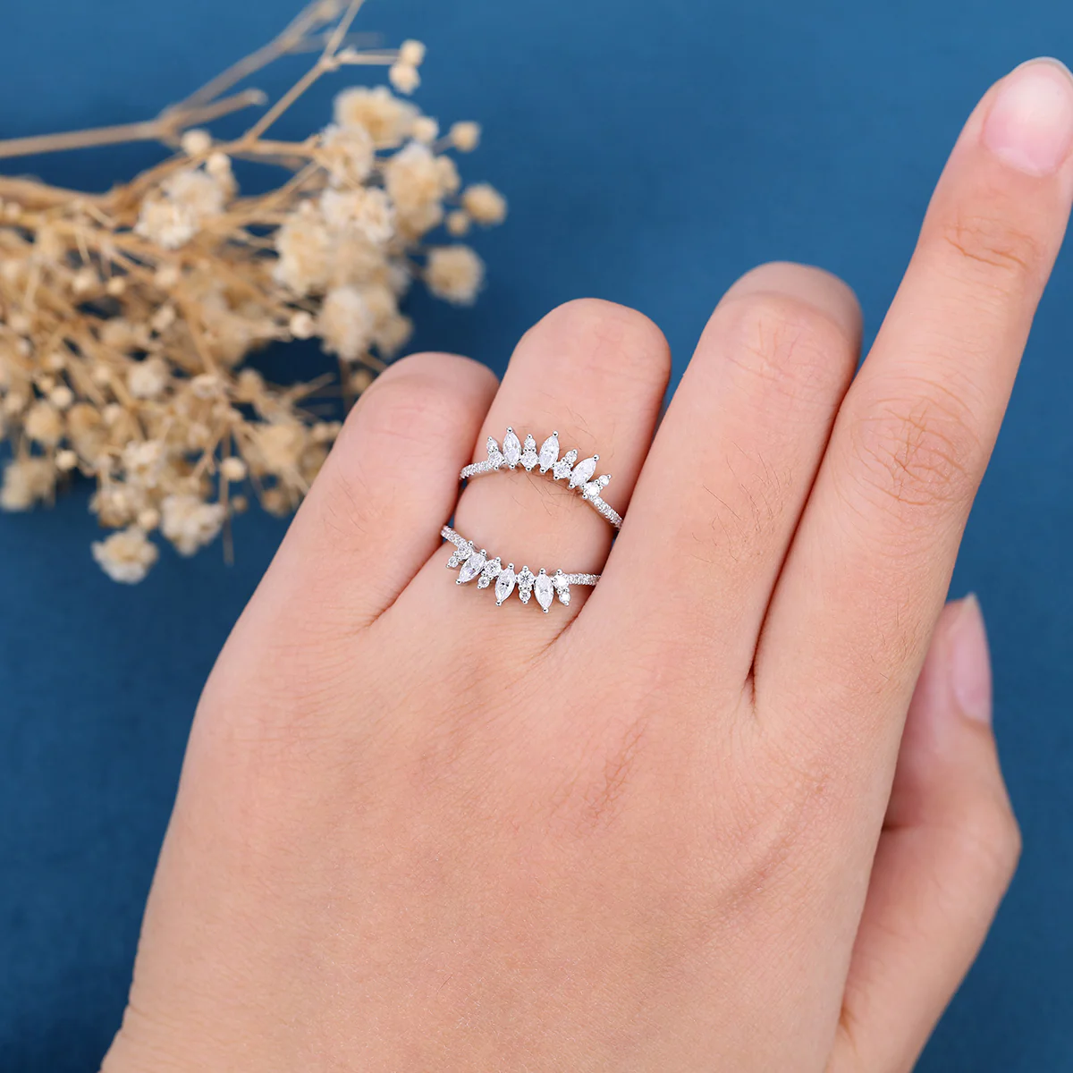 Double Marquise cut Moissanite | Diamond Curved Wedding Band - Image 2