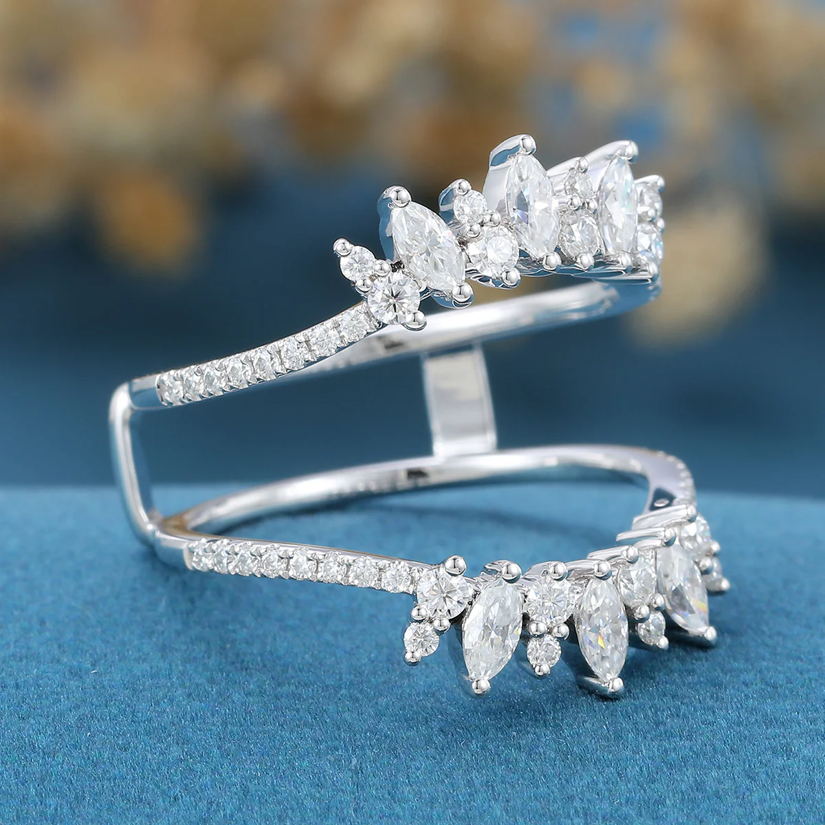 Double Marquise cut Moissanite | Diamond Curved Wedding Band - Image 3