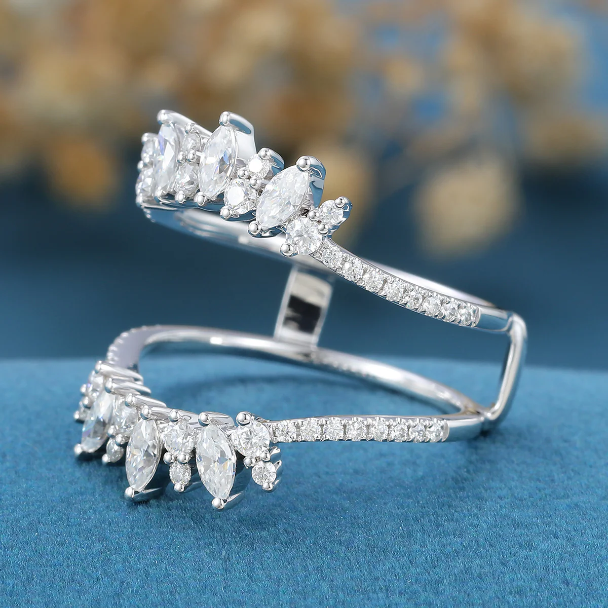 Double Marquise cut Moissanite | Diamond Curved Wedding Band - Image 4