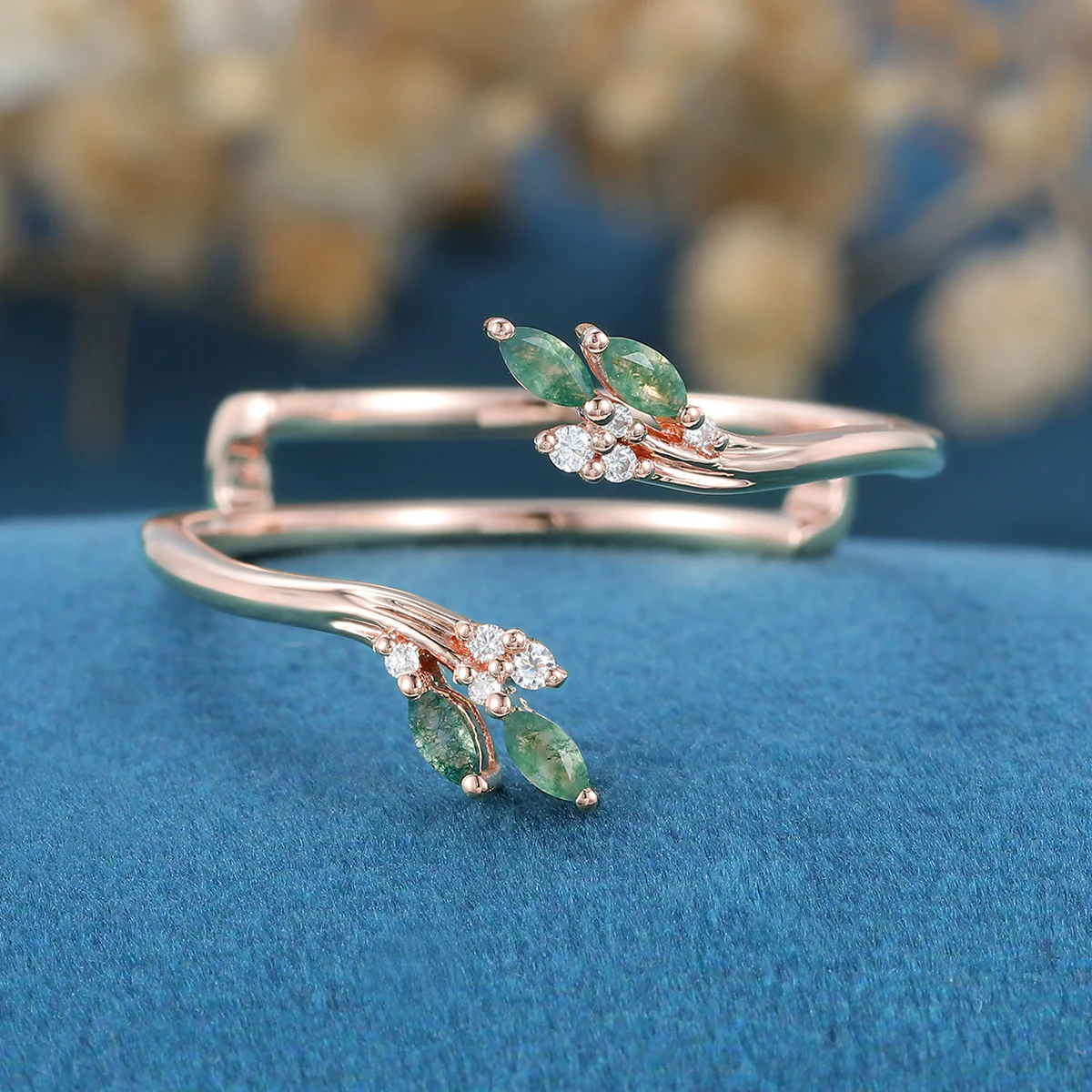 Double Marquise cut Moss Agate Curved Wedding Band - Image 3