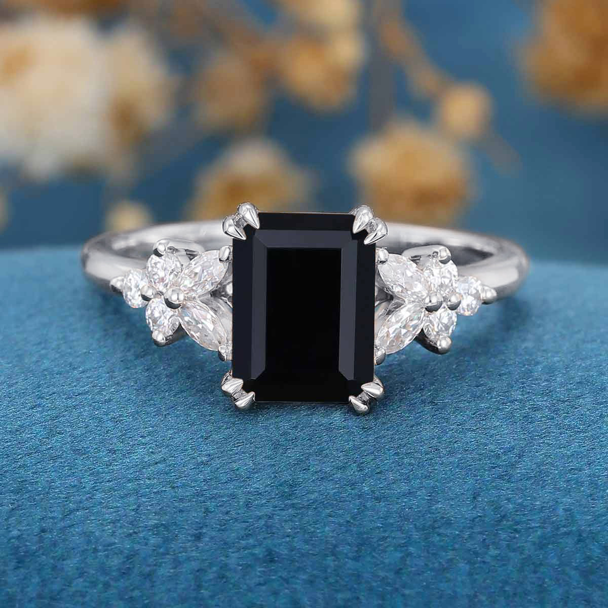 1.7Carat Emerald cut Black Onyx Cluster Engagement Ring - Image 11