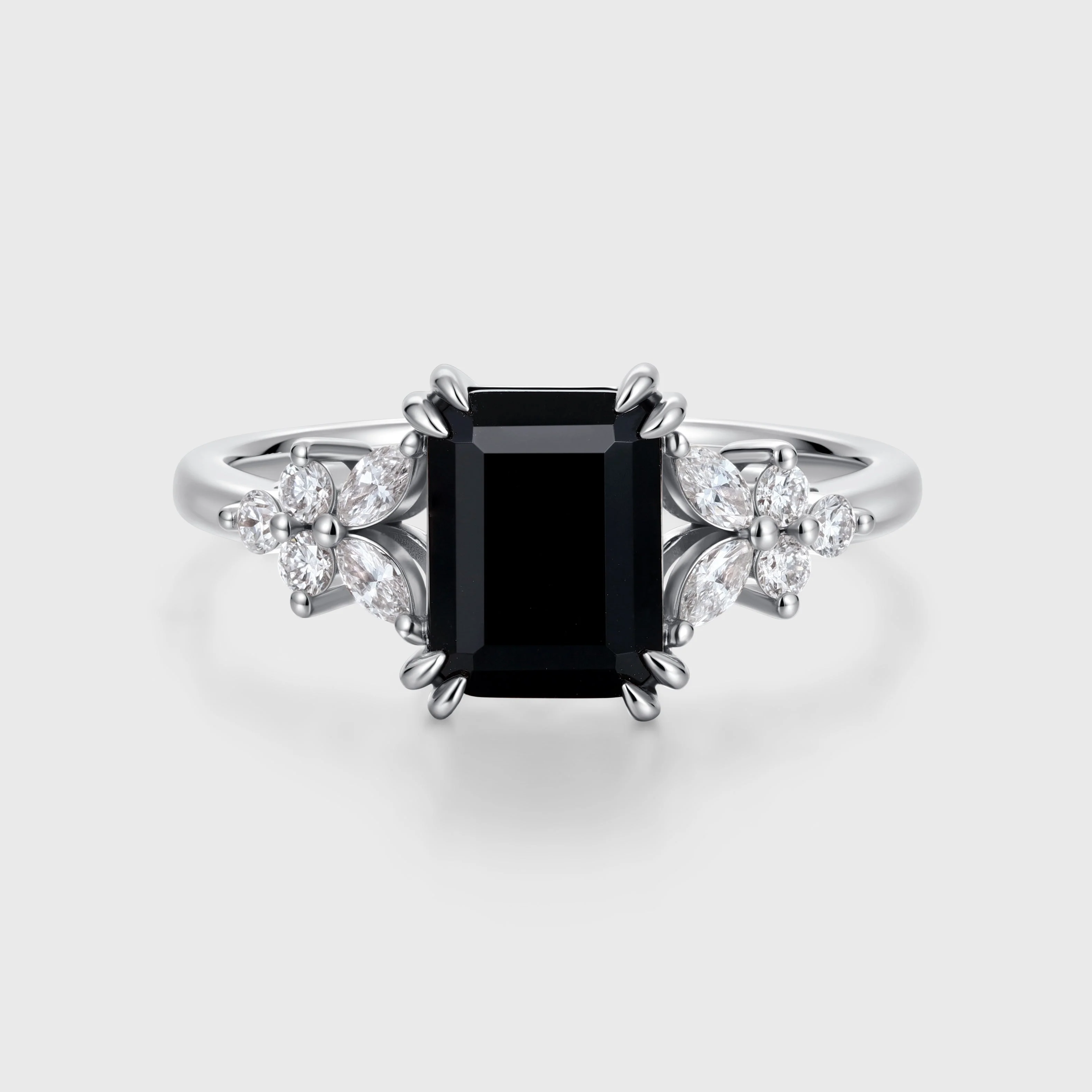 1.7Carat Emerald cut Black Onyx Cluster Engagement Ring - Image 4