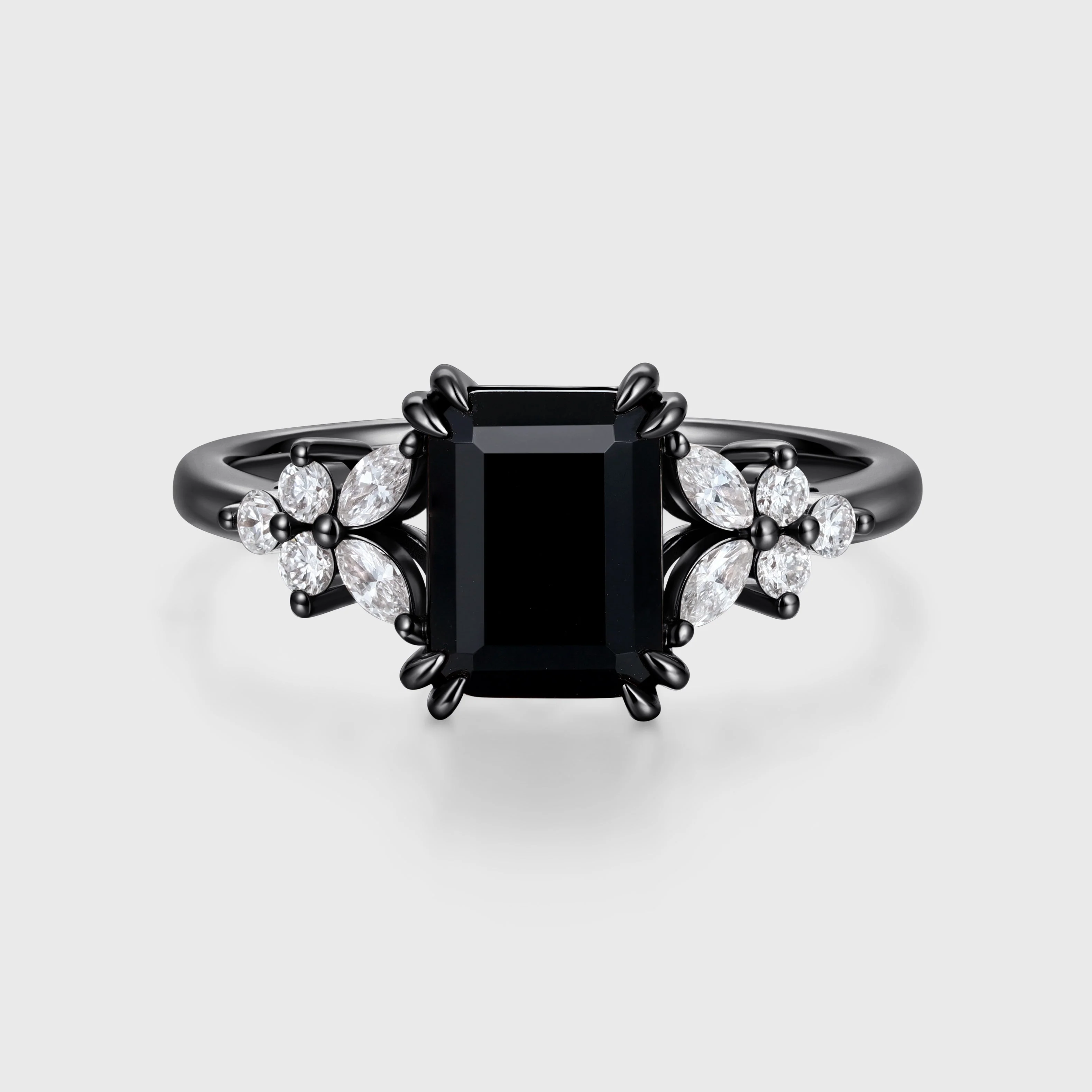 1.7Carat Emerald cut Black Onyx Cluster Engagement Ring - Image 5