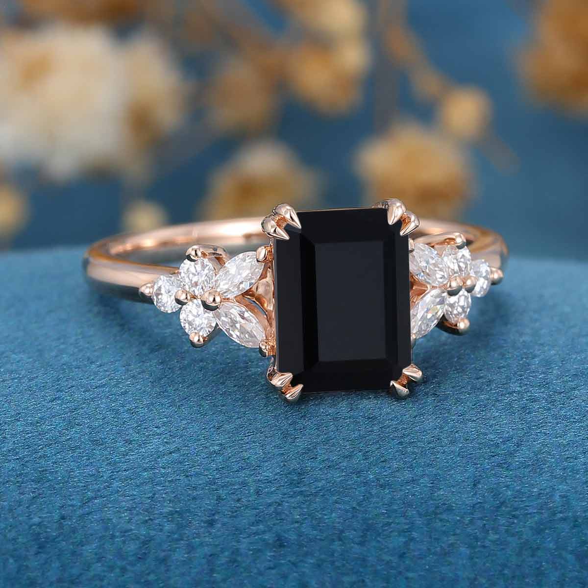 1.7Carat Emerald cut Black Onyx Cluster Engagement Ring - Image 6
