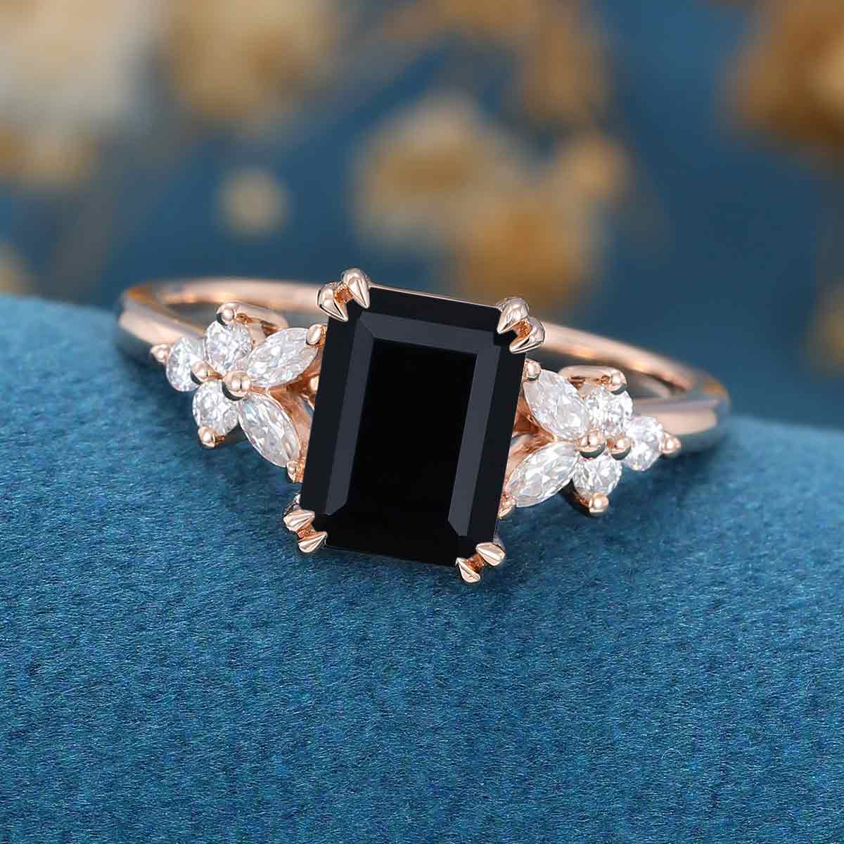 1.7Carat Emerald cut Black Onyx Cluster Engagement Ring - Image 7