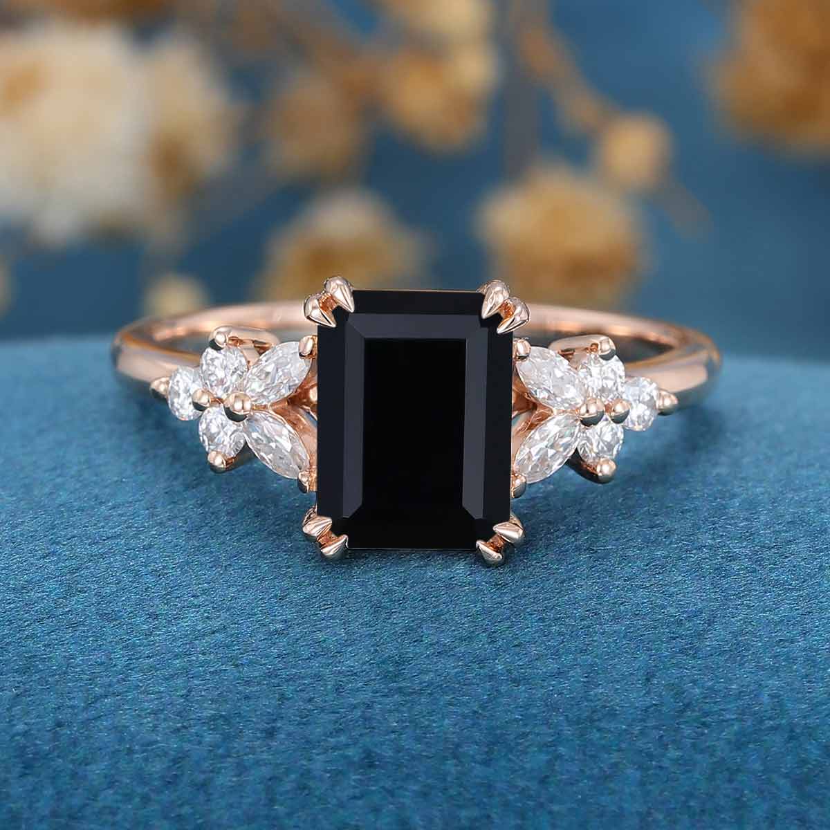 1.7Carat Emerald cut Black Onyx Cluster Engagement Ring - Image 9
