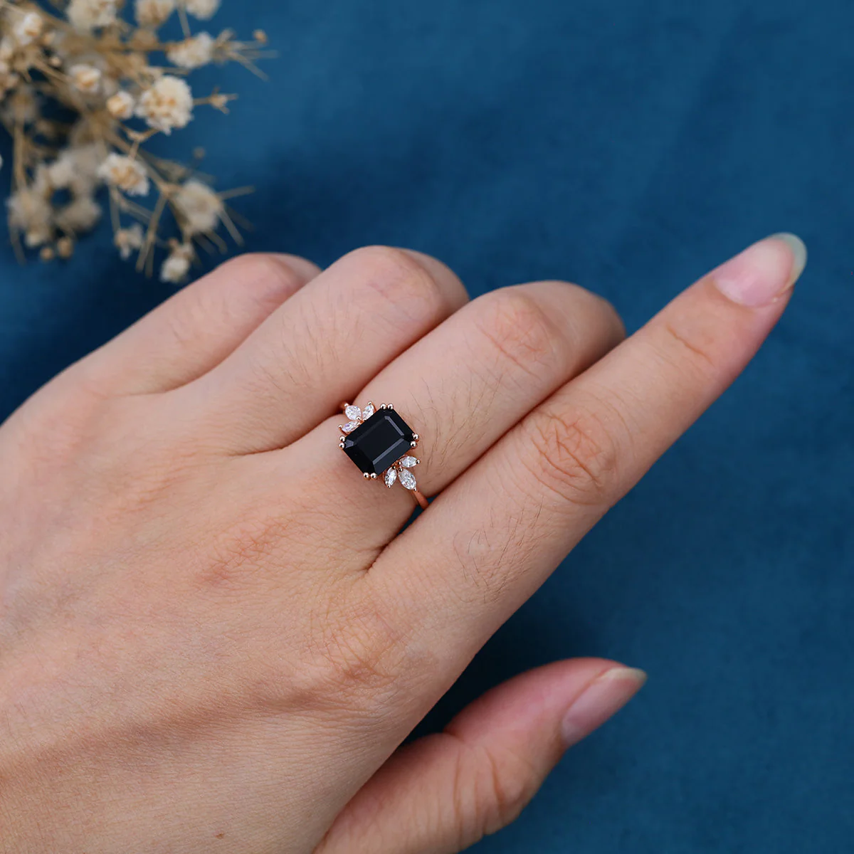 Emerald cut Black Onyx Solid Gold Engagement Ring - Image 2