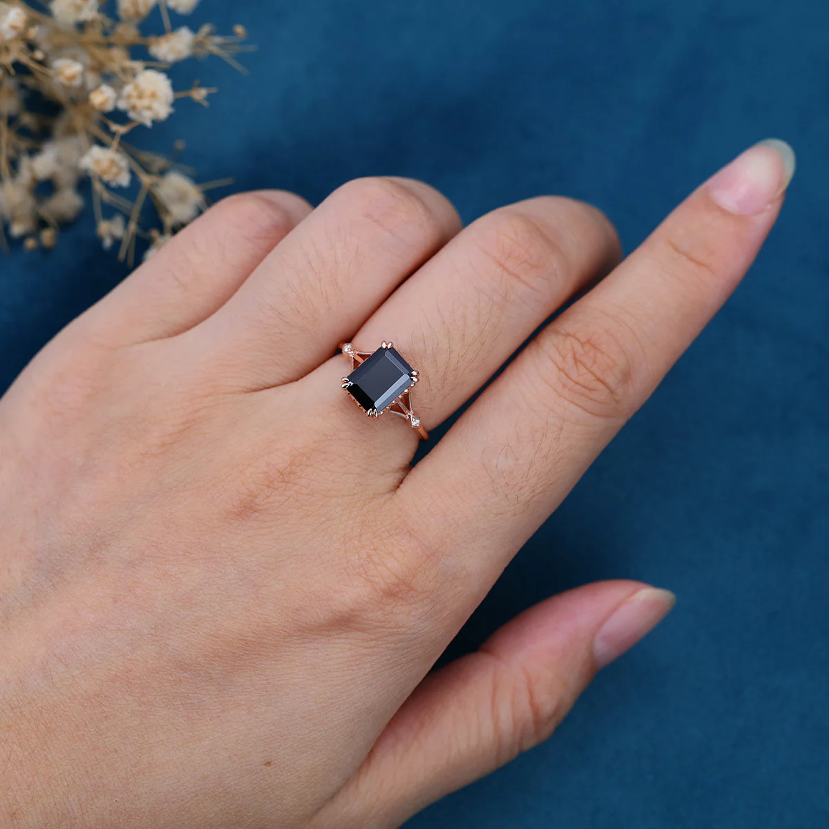 Emerald cut Black Onyx Solid Gold Engagement Ring - Image 2