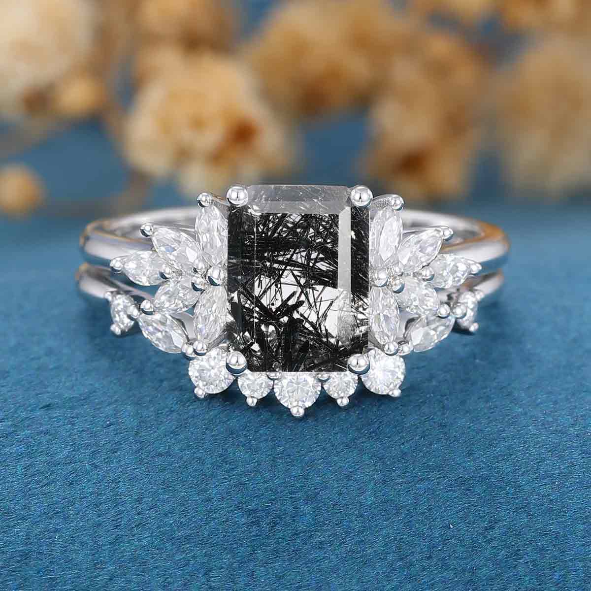 Emerald cut Black Rutilated Quartz Engagement ring Bridal Set - Image 10