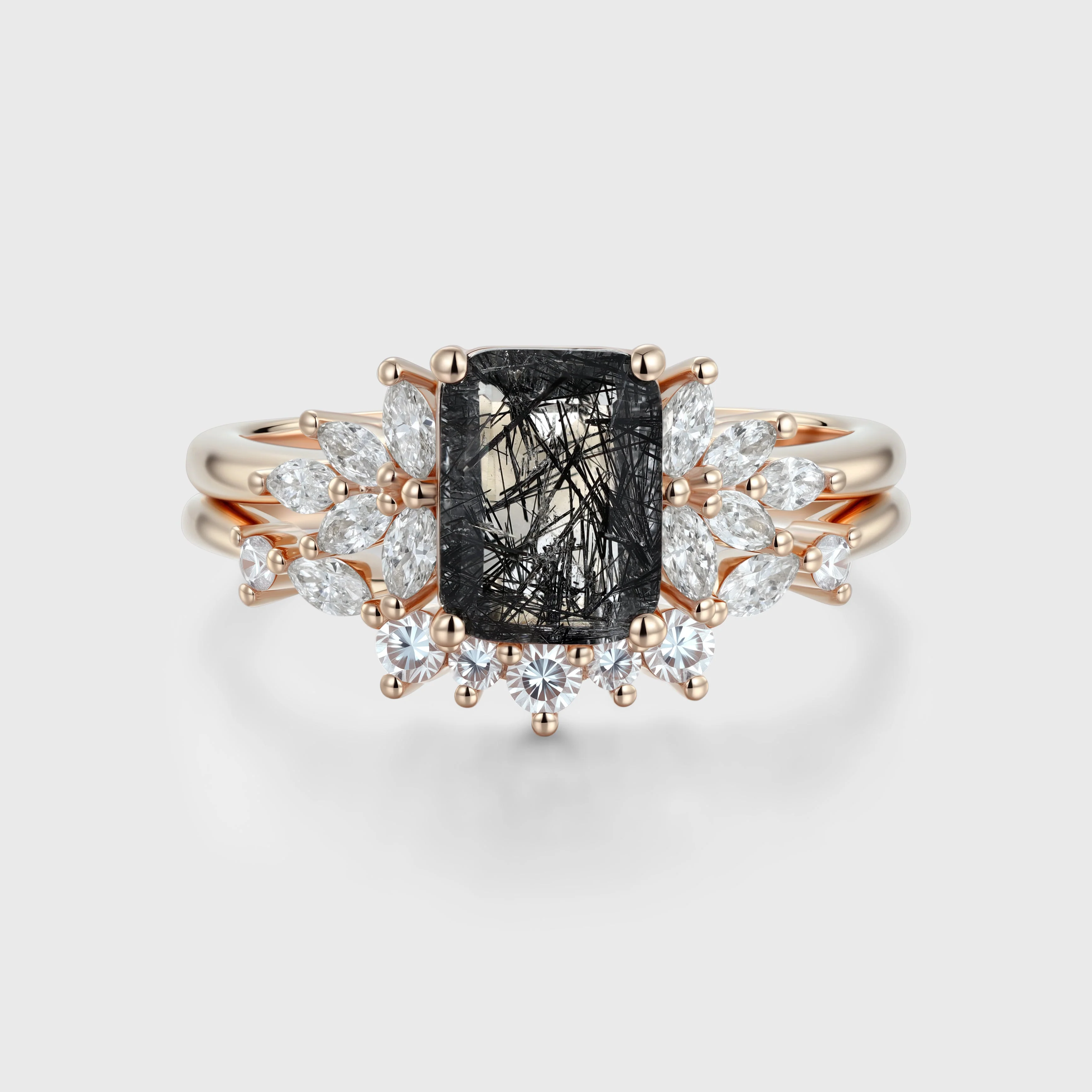 Emerald cut Black Rutilated Quartz Engagement ring Bridal Set - Image 3