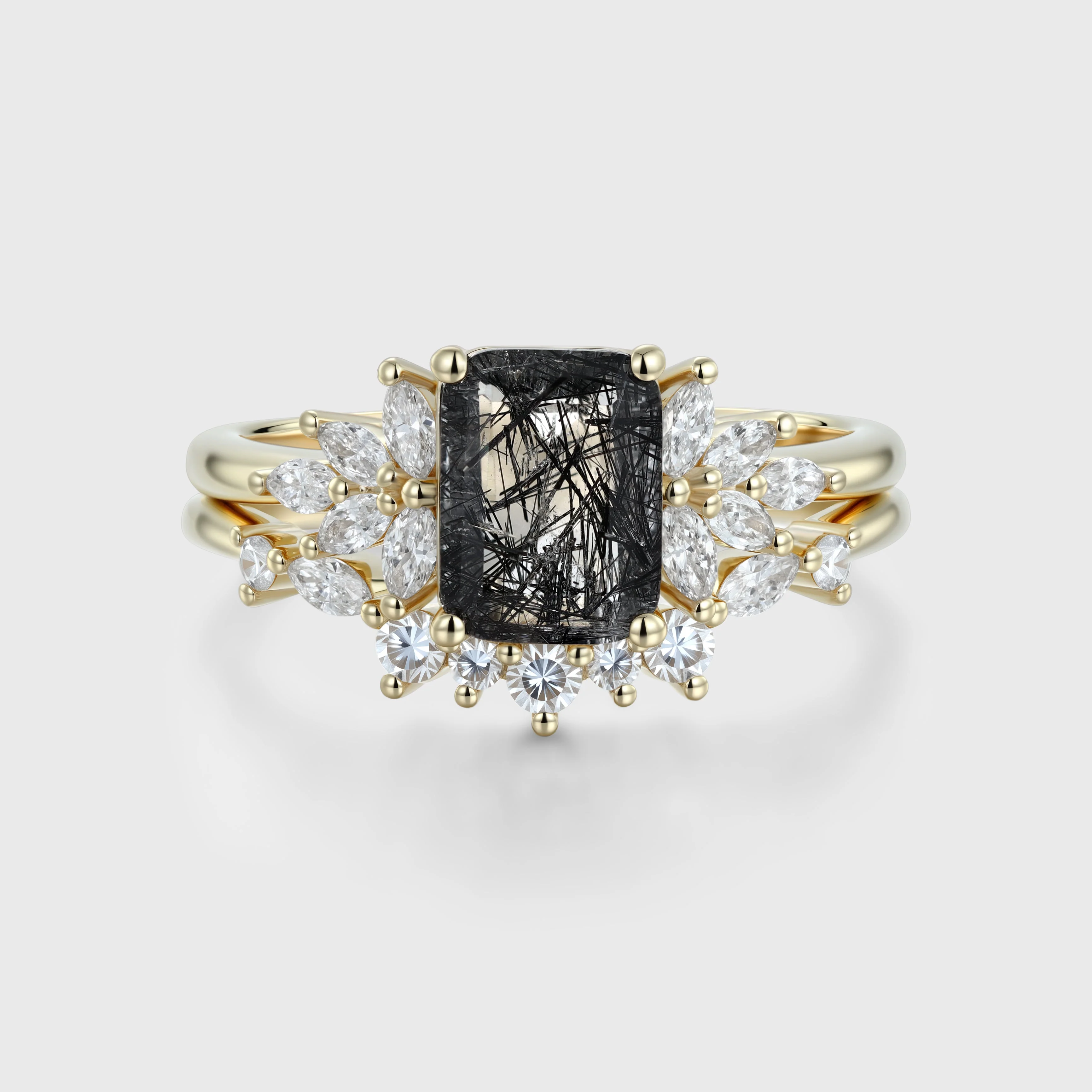 Emerald cut Black Rutilated Quartz Engagement ring Bridal Set - Image 4
